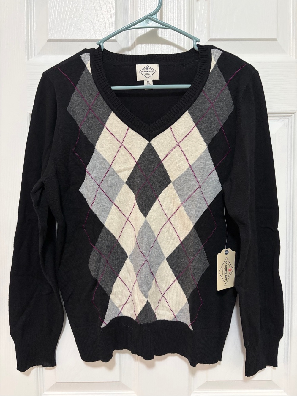 St. John's Bay Argyle V-Neck Cotton Sweater in Black & Gray Size Large NWT